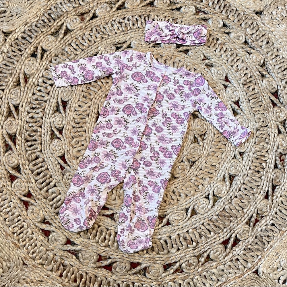 KYLE & DEENA Floral Waffle Knit Footed Onesie with matching Headband, 6-9M
